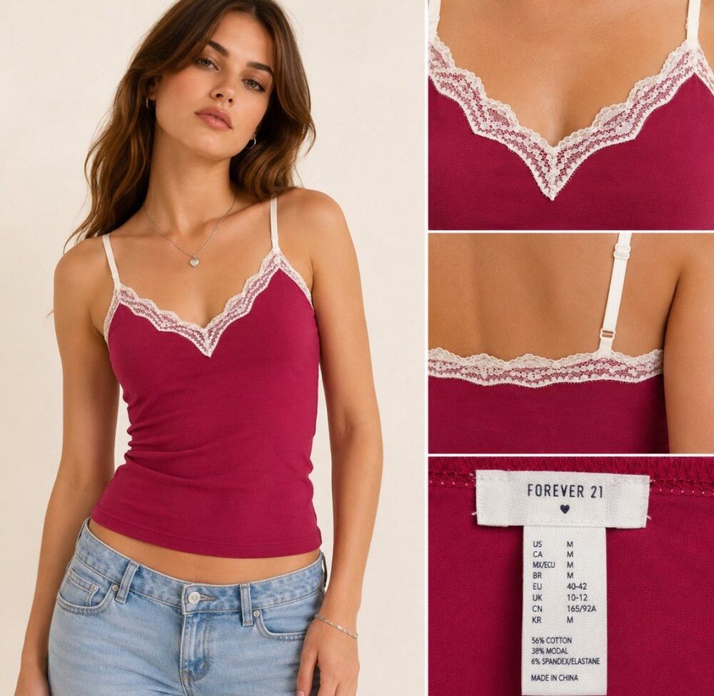 NWT Y2K Indie Layering Coquette Forever 21 Lace Trim Cami Tank Sz M Sangria Red